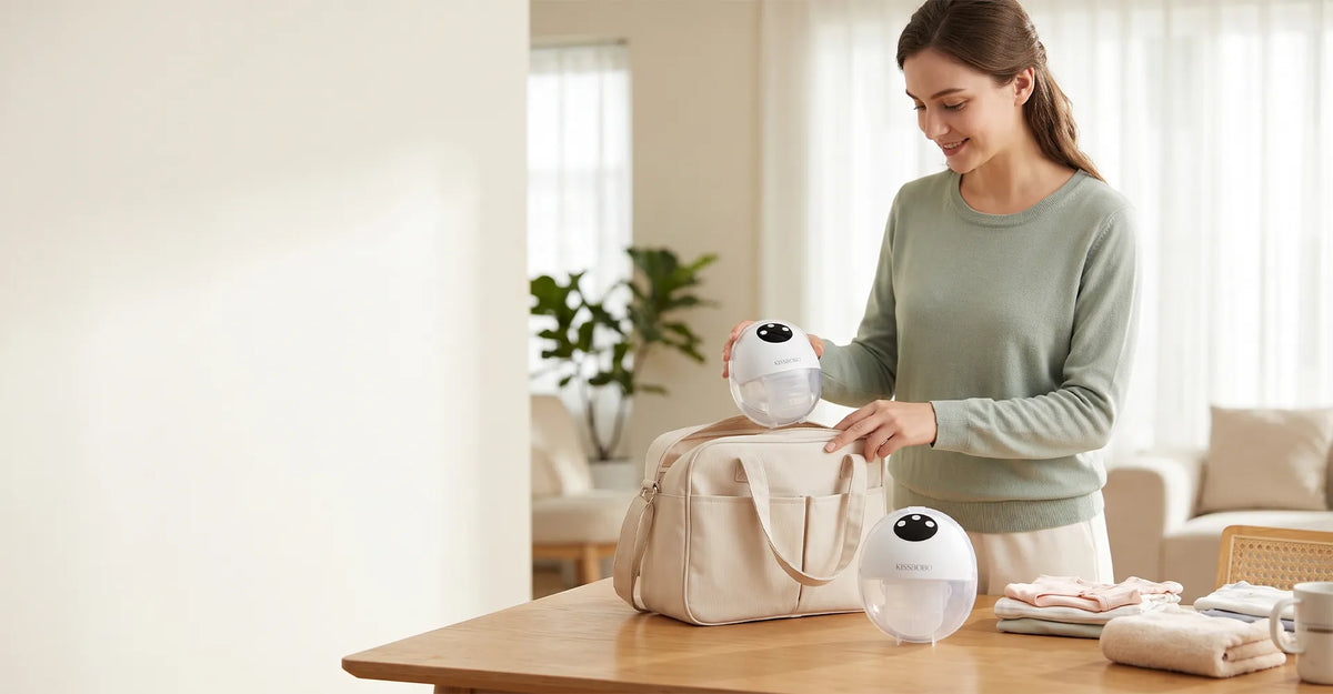 Mother packing the KISSBOBO K3 wearable breast pump into her bag